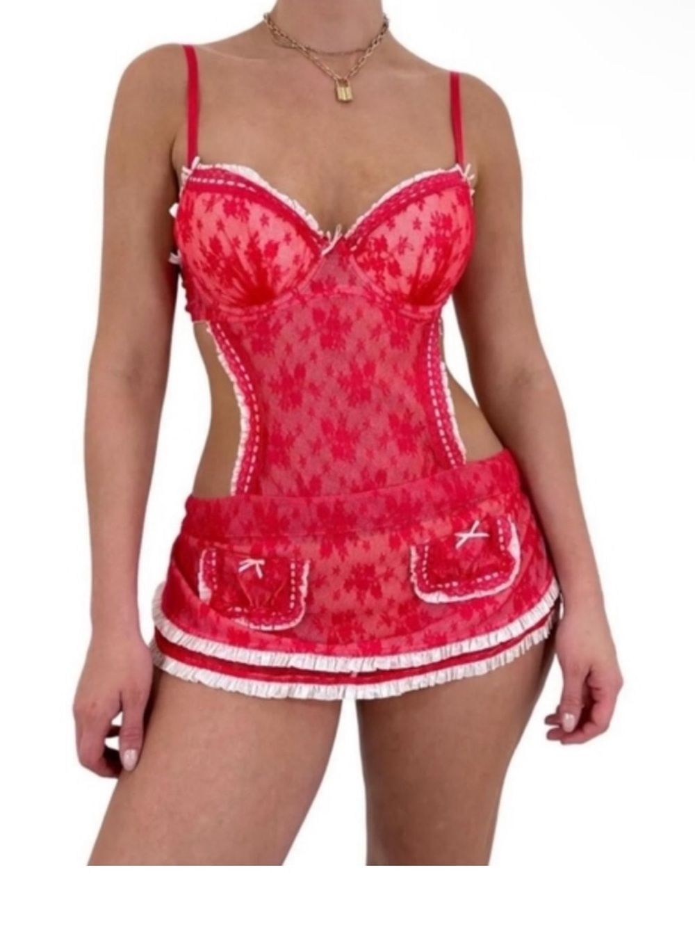 Victoria's Secret Y2K Vintage Red Pink Lace French Maid Lingerie Apron Size 34C
